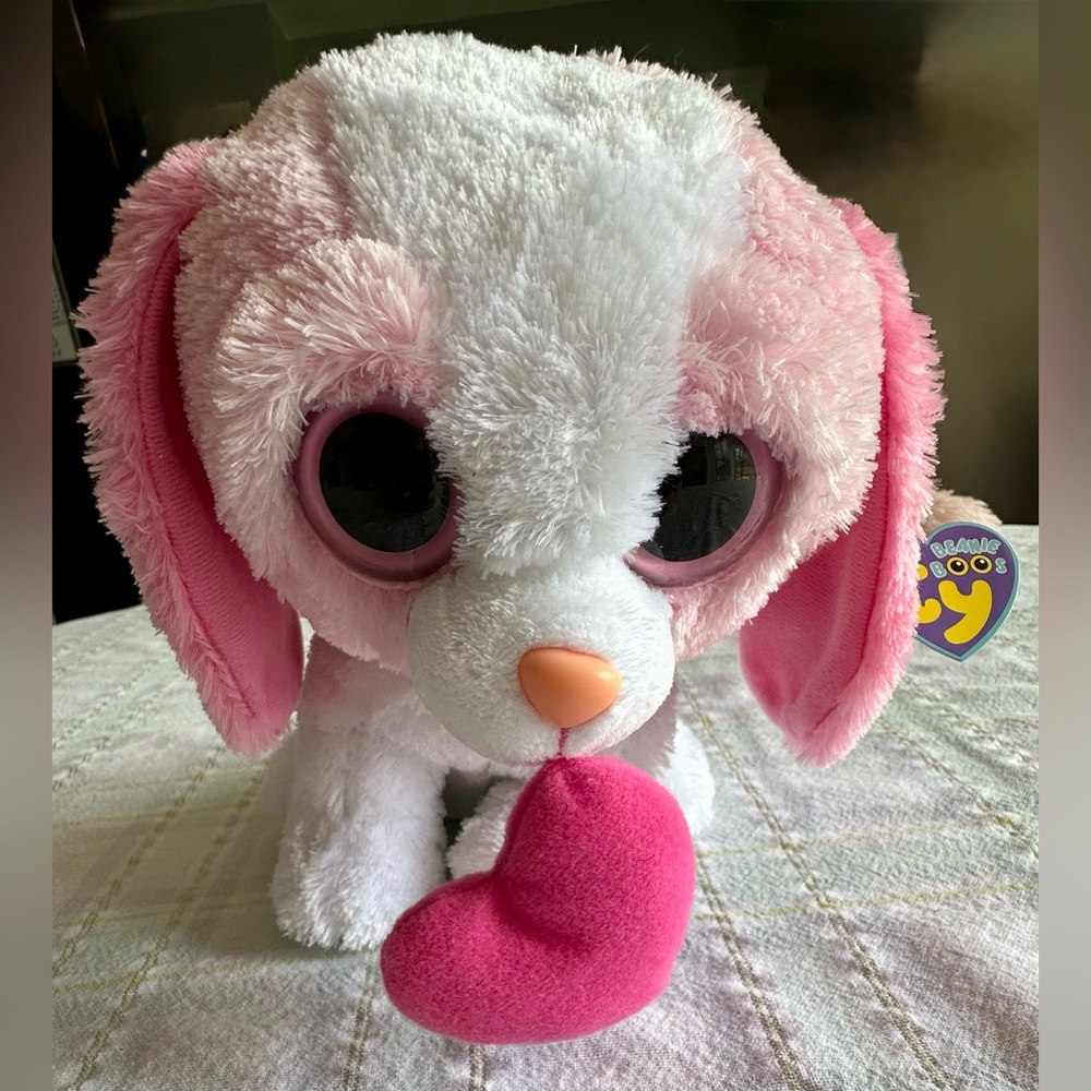Ty Beanie Boos Cookie Pink White Heart Plush Puppy Dog 9" 2011 Valentines